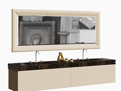 Bathroom Vanity Cabinet With Large Framed Mirror Beige Textured Doors Dark Countertop Faucet Decorative Items 3d model