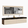 Bathroom Vanity Cabinet With Large Framed Mirror Beige Textured Doors Dark Countertop Faucet Decorative Items