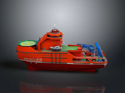 Orange RESCUER Rescue Ship With Green Deck And Blue Emergency Equipment 3d model