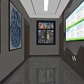Modern Lobby Interior With Circular Reception Desk Blue Digital Screen And Chinese Characters