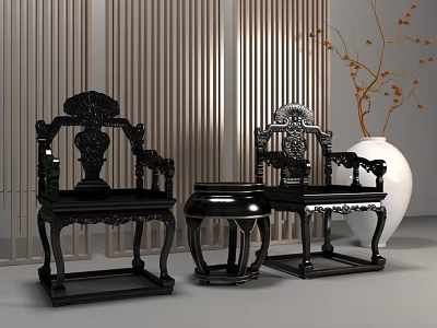 Black Ornate Chinese Armchair With Side Table Vertical Striped Screen And White Vase 3d model