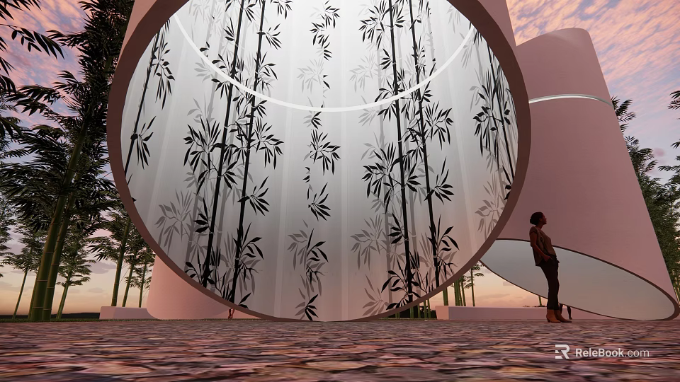 Garden Landscape With Circular Structure Bamboo Leaf Patterns Stone Pavement And Pink Cloud Sky 3d model 