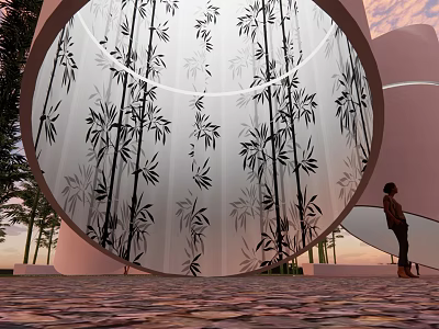 Garden Landscape With Circular Structure Bamboo Leaf Patterns Stone Pavement And Pink Cloud Sky 3d model