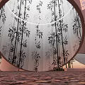 Garden Landscape With Circular Structure Bamboo Leaf Patterns Stone Pavement And Pink Cloud Sky