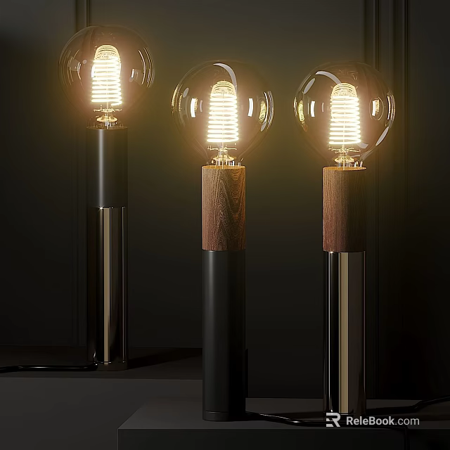 Illuminated Table Lamps With Spiral Bulbs And Metal Wooden Pillars 3d model 