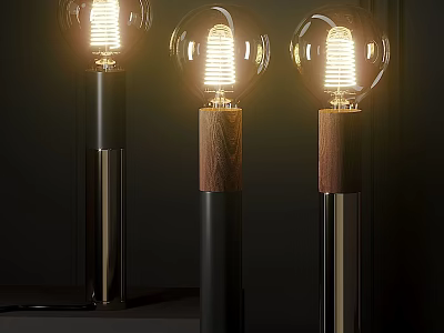 Illuminated Table Lamps With Spiral Bulbs And Metal Wooden Pillars 3d model