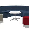 Blue Curved Public Seating With Round White Table And Gray Red Stools 3d model