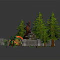 Playful Cartoon Scene With Green Pine Trees Stone Structures And Colorful Decorative Plants