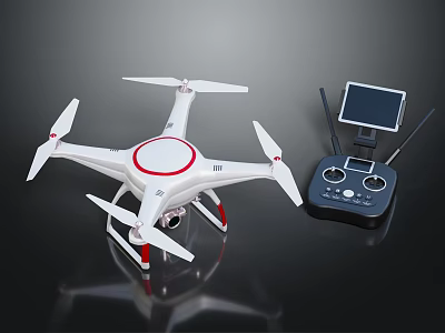 Smart Drone With White Body Red Accents And Remote Controller Featuring Screen For Control 3d model