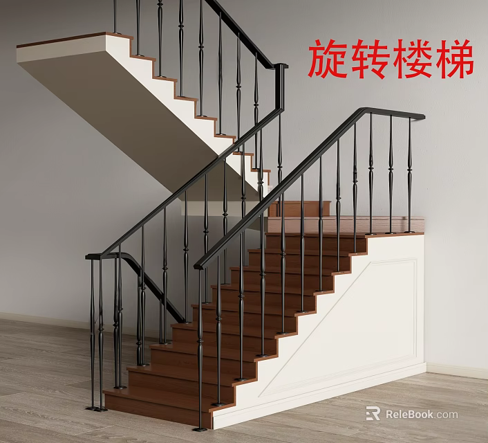 Elegant Spiral Staircase With Wooden Steps And Black Railings In Modern Interior 3d model 