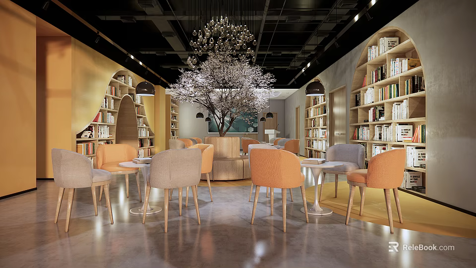 Artistic Book Art Interior Design With Wooden Shelves Reading Tables Chairs And Cherry Blossom Tree 3d model 
