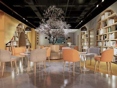 Artistic Book Art Interior Design With Wooden Shelves Reading Tables Chairs And Cherry Blossom Tree 3d model