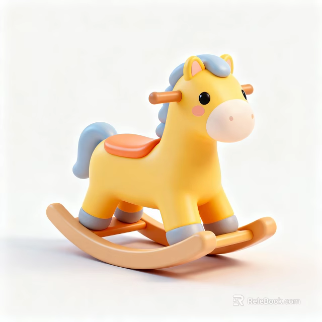 Yellow Rocking Horse Toy With Blue Mane Orange Seat And Wooden Base 3d model 
