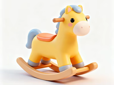 Yellow Rocking Horse Toy With Blue Mane Orange Seat And Wooden Base 3d model