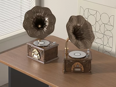 Vintage Instruments and Art Supplies Featuring Gramophones on Wooden Table by Window with Geometric Artwork 3d model