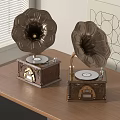 Vintage Instruments and Art Supplies Featuring Gramophones on Wooden Table by Window with Geometric Artwork
