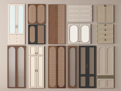 Multiple Cabinet Door Components With Assorted Designs Wood Glass Grid And Drawer Combinations 3d model