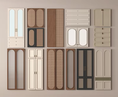 Multiple Cabinet Door Components With Assorted Designs Wood Glass Grid And Drawer Combinations 3d model