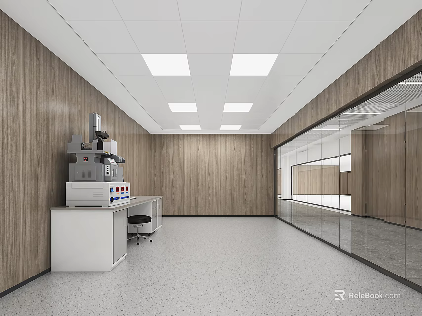Modern Laboratory Interior With Wooden Walls Glass Partitions Lab Equipment And Gray Flooring 3d model 