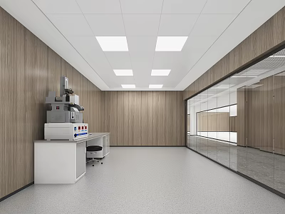 Modern Laboratory Interior With Wooden Walls Glass Partitions Lab Equipment And Gray Flooring 3d model