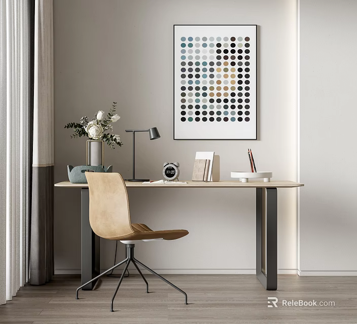 Modern Desk and Chair Set in Home Study Area With Table Lamp Artwork and Vase 3d model 