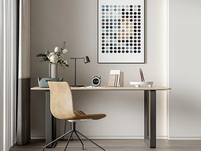 Modern Desk and Chair Set in Home Study Area With Table Lamp Artwork and Vase 3d model