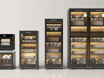 Modern Kitchen Appliances Display Cabinets With Glass Doors And Organized Dishes And Cups 3d model