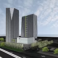 Twin Modern Office Towers With Green Landscaped Areas And Highway Interchange