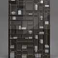 Modern Dark Display Shelf With Multiple Compartments White Bowls Vases And Books