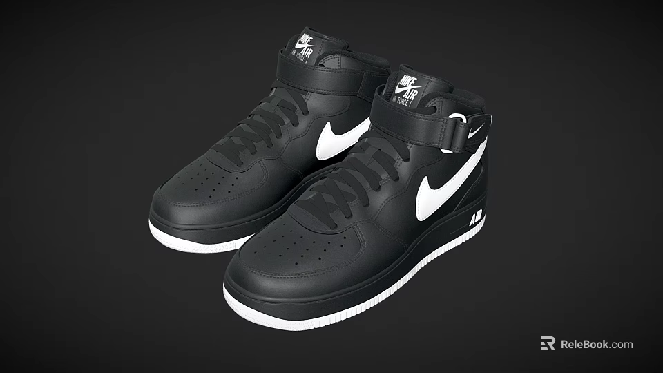 Stylish Black High Top Leather Shoes With White Swoosh Lace Up Strap Design 3d model 