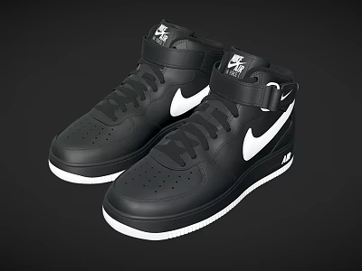 Stylish Black High Top Leather Shoes With White Swoosh Lace Up Strap Design 3d model