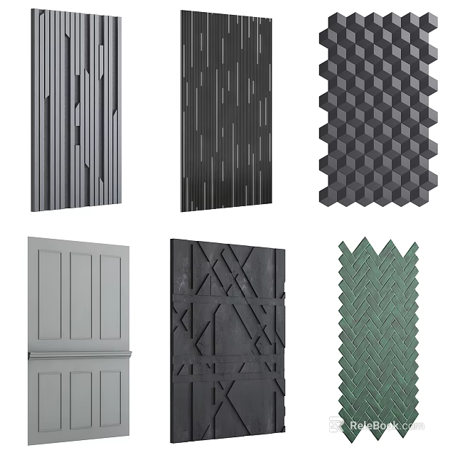 Diverse Wall Designs with Vertical Lines Hexagonal Patterns Geometric Crosses and Green Wavy Textures 3d model