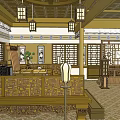 Traditional Chinese Ancient Architecture Interior With Wooden Structure Hanging Lanterns And Furniture