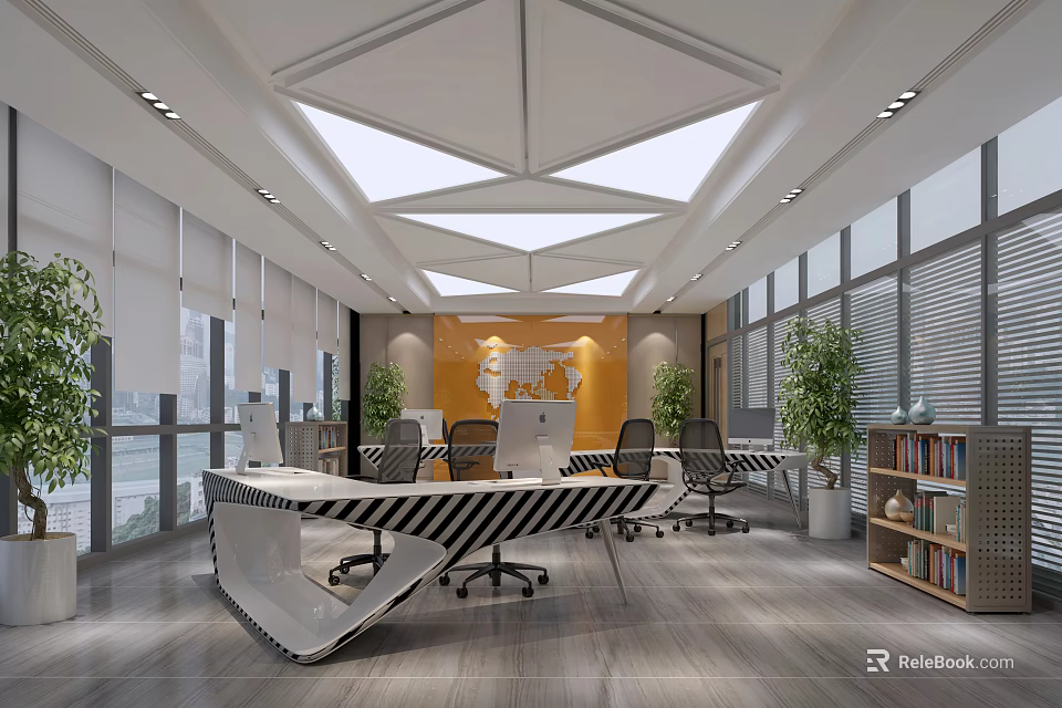 Modern Office Interior With Geometric Ceiling World Map Decor Large Windows And Green Plants 3d model 