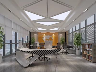 Modern Office Interior With Geometric Ceiling World Map Decor Large Windows And Green Plants 3d model