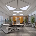 Modern Office Interior With Geometric Ceiling World Map Decor Large Windows And Green Plants