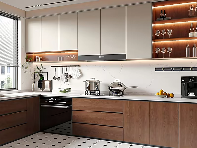 Modern Kitchen Interior With White And Wooden Cabinets Coffee Machine And Fresh Fruits 3d model