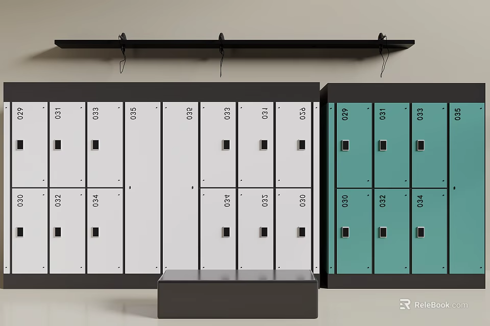 White And Green Lockers With Numbered Compartments Black Shelf And Wooden Bench 3d model 