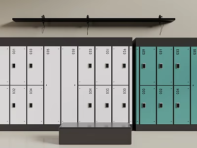 White And Green Lockers With Numbered Compartments Black Shelf And Wooden Bench 3d model