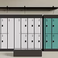 White And Green Lockers With Numbered Compartments Black Shelf And Wooden Bench