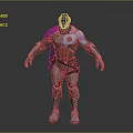 Standing Biomechanical Sci-Fi Character In Mechanical Armor With Red Helmet And Blue Glowing Parts 3d model