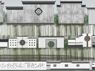 Traditional Chinese Feature Wall With Gray Stone Surface Intricate Lattice And Bamboo Plants 3d model