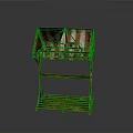 Wooden Outdoor Stall Structure With Orange And White Striped Awning And Shelves