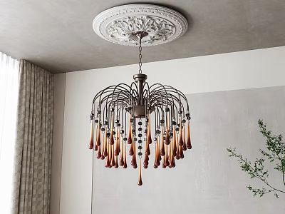 Elegant Chandelier With Amber Glass Drops And Decorative White Ceiling Medallion In Living Room 3d model