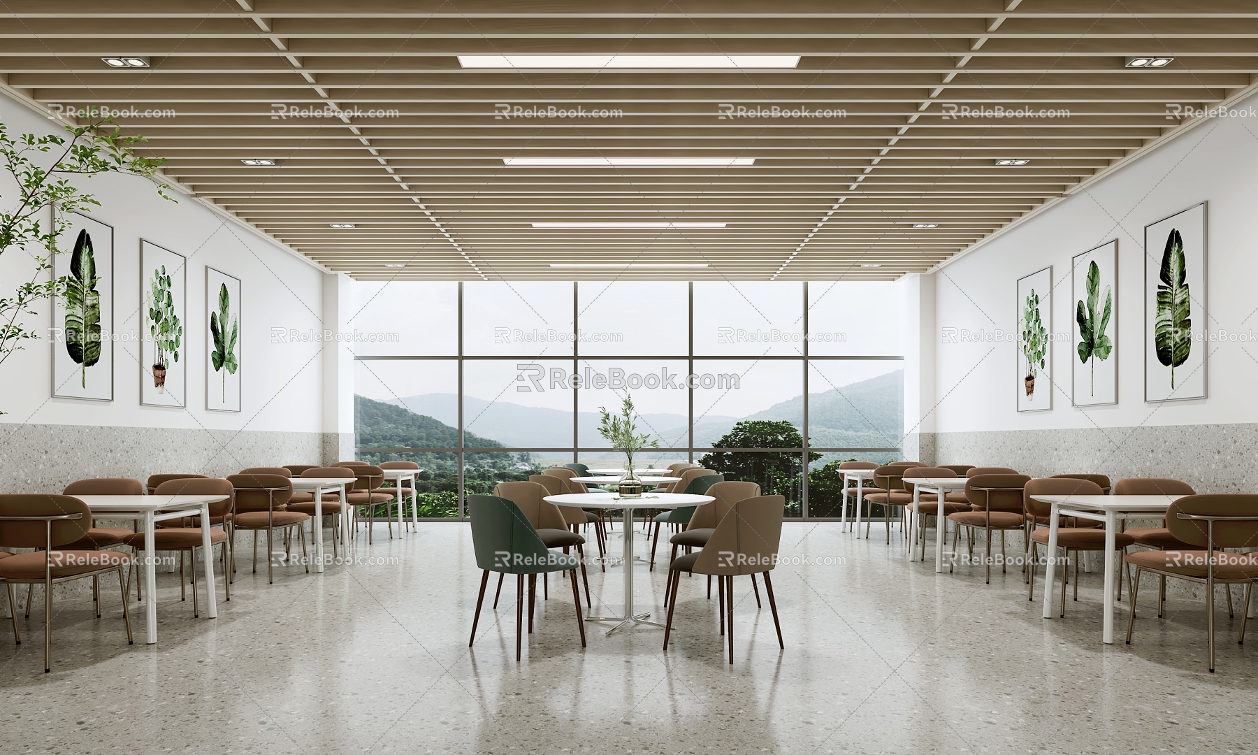 Modern staff restaurant canteen dining table and chair terrazzo hanging picture grille 3d model