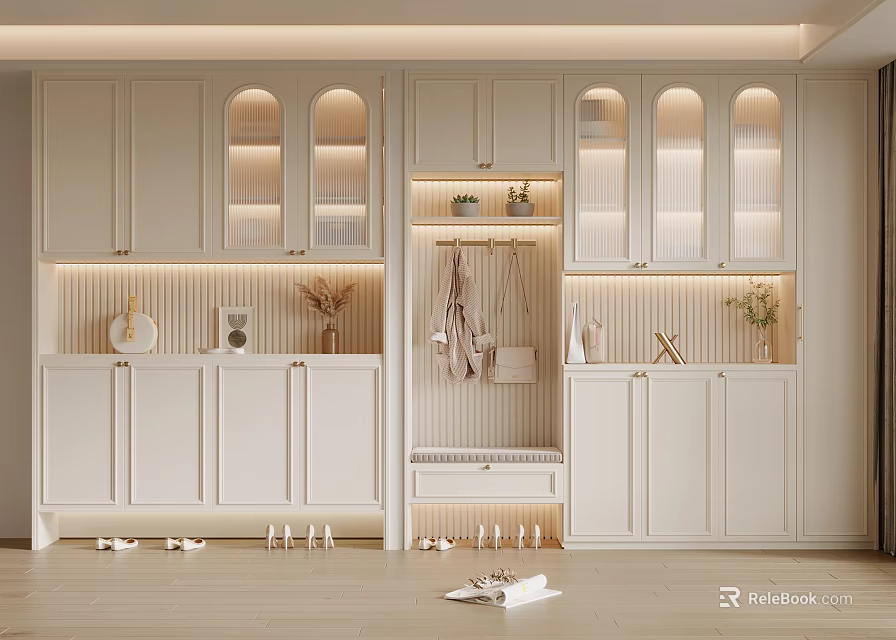 Light Colored Modern Shoe Cabinet With Storage And Bench 3d model 