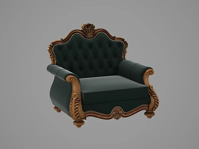 Dark Green Classical Armchair With Tufted Backrest And Golden Carved Frame 3d model