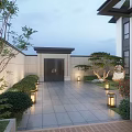 Garden Landscape Of Modern House Courtyard With Paved Patio Green Plants Outdoor Furniture And Lanterns