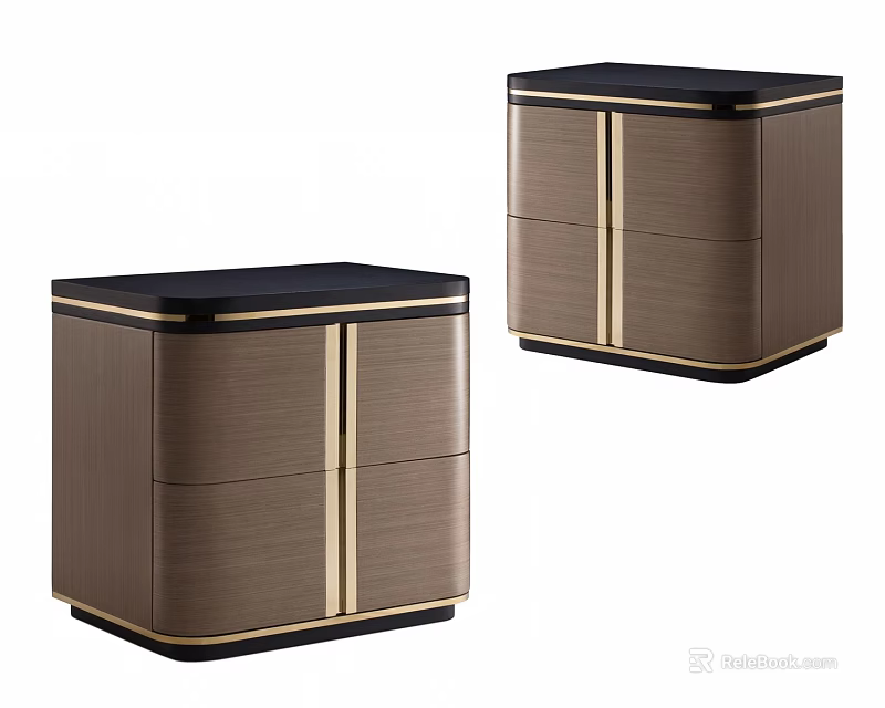 Two Stylish Modern Nightstands With Wooden Body Black Top And Gold Trim Details 3d model 