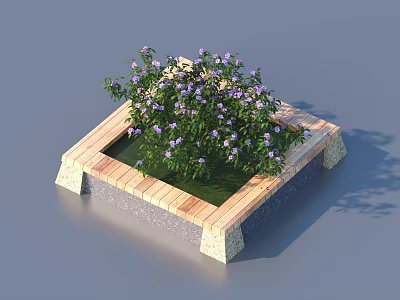 Square Decorative Garden Planter With Wooden Border Stone Base And Purple Flowers Green Plants 3d model